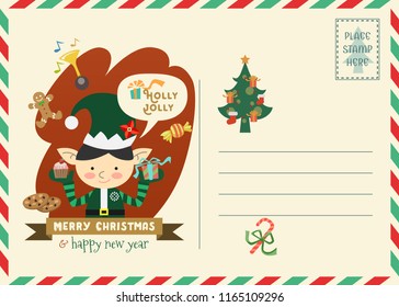Merry Christmas and happy new year invitation with Elf character. Christmas postage style greeting card.