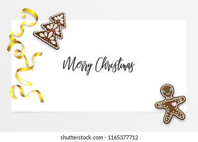 Merry Christmas and happy New Year pine tree homemade gingerbread. Realistic holiday vector background illustration. Xmas traditional ginger decor. Golden serpentine confetti.