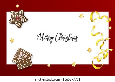 Merry Christmas and happy New Year star homemade gingerbread. Realistic holiday vector background illustration. Xmas traditional ginger decor. Golden serpentine confetti.