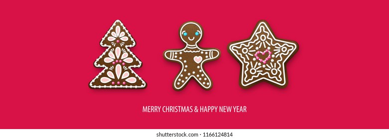Merry Christmas and happy New Year tree, man star pine homemade gingerbread. Realistic holiday vector background illustration. Xmas traditional ginger decor.