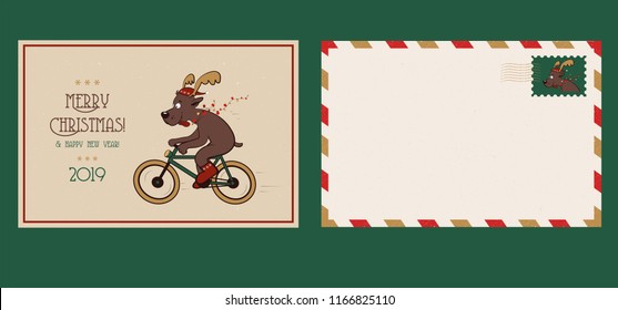 Merry Christmas and Happy New Year. Vector illustration of funny christmas deer. Retro post card. Template of greeting card. Christmas holiday. Vintage