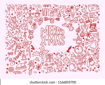 Merry Christmas and Happy New Year doodle style. Vector illustration. Cute vintage for banners, poster, card, flyer, window design. A lot of Holiday symbols, icons.