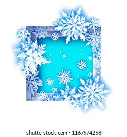 Merry Christmas and Happy New Year Greetings card. White Paper cut snowflakes. Origami Winter Decoration background. Seasonal holidays. Snowfall. Square tunnel frame. Blue.