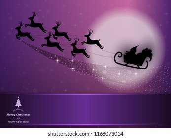 Merry Christmas and happy new year, Santa sleigh Reindeers on the moon in pueple background with copy space ,vector illustration eps10.