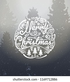 Merry Christmas, happy new year, calligraphy, winter landscape, vector illustration.