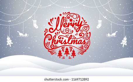 Merry Christmas, happy new year, calligraphy, winter landscape, vector illustration.