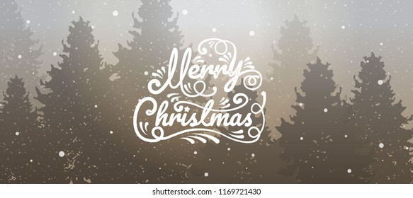 Merry Christmas, happy new year, calligraphy, winter landscape, vector illustration.