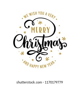 Merry Christmas and Happy New Year lettering template. Greeting card invitation with golden snowflakes. Winter holidays related typographic quote. Vector vintage illustration.