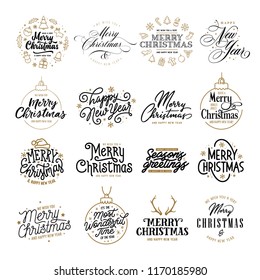 Merry Christmas and Happy New Year typography collection. Holiday related lettering templates for greeting cards, overlays. The most wonderful time. Season greetings. Vector vintage illustration.