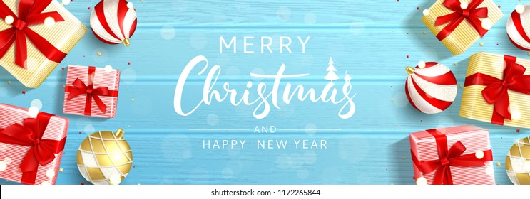 Merry Christmas and Happy New Year banner. Elegant background with top view on realistic gift boxes and Christmas balls on rustic wooden texture. Vector illustration with confetti and effect bokeh.