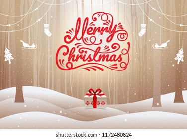 Merry Christmas, happy new year, calligraphy, winter landscape, vector illustration.