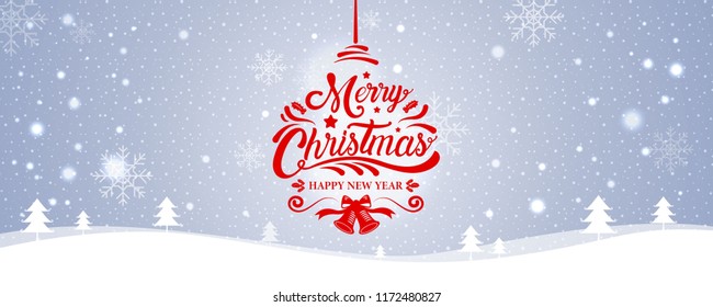 Merry Christmas, happy new year, calligraphy, winter landscape, vector illustration.