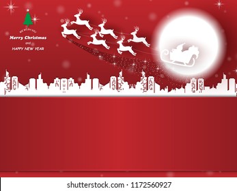 Merry Christmas and happy new year, Santa sleigh Reindeers on the full moon in bright red background with copy space for text,vector illustration eps10.