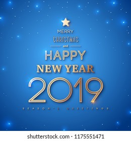 Merry Christmas and Happy New Year 2019 Typography Poster. Words in form of abstract Xmas tree with gold star on the top on blue background. Vector illustration.