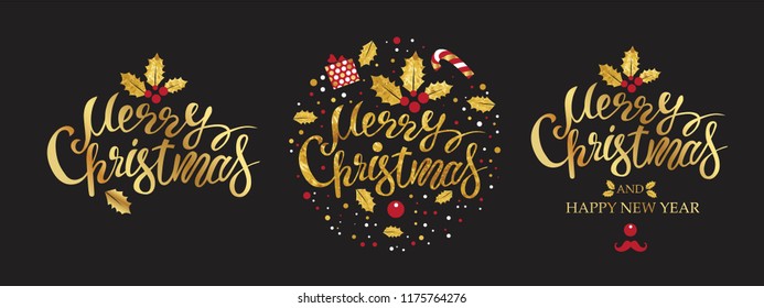 Merry Christmas and Happy New year gold emblem, sign set on black background. Typography vector design for festive card, poster, banner. Vector illustration. Merry Christmas hand lettering text