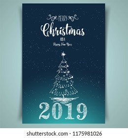 Merry Christmas and Happy New Year  vector card, holiday card, new year tree Calligraphic Lettering design card template.  vector illustration