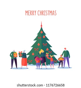 Merry Christmas and Happy New Year Family Party. Flat People Characters Parents and Children with Grandparents and Christmas Tree. Vector illustration