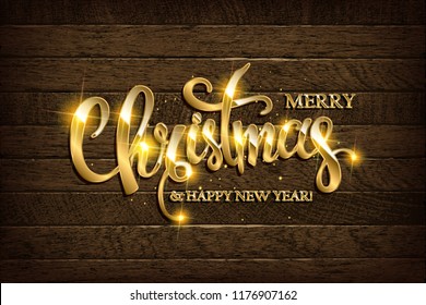 Merry Christmas and Happy New Year greeting card. On wooden background. Vector illustration