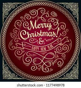Merry Christmas and Happy New Year - decorative ornate lettering. Holiday greeting design.