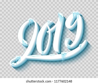 Merry christmas and happy new year 2019 with realistic snow and icicles, vector illustration