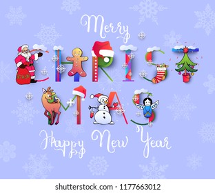 Merry Christmas and Happy New Year. Vector illustration with decorated paper art Santa Claus and colorful letters