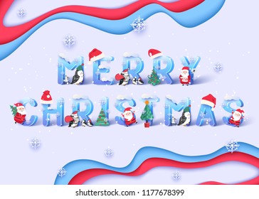 Merry Christmas and Happy New Year banner. Сheerful Santa Claus and penguin vector illustration
