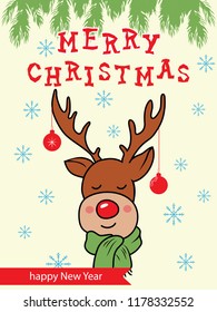 Merry Christmas and happy new year card. Vector illustration. Christmas toys, reindeer, snowflakes.