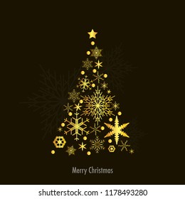 Merry Christmas and Happy New Year greeting card on dark background. Silhouette of tree is laid out of gold snowflakes.