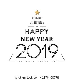 Merry Christmas and Happy New Year 2019 Typography Poster. Words in form of abstract Xmas tree with gold star on the top. Vector illustration.