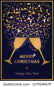 Merry Christmas and Happy New Year greeting card with champagne and golden sparkles on a dark blue background.