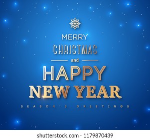 Merry Christmas and Happy New Year 2019 Typography Poster. Words in form of abstract Xmas tree with gold snowflake on the top on blue background with stars. Vector illustration.