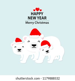 Merry Christmas and Happy New Year card. Cute Polar bear wearing Santa Claus hat vector illustration. 