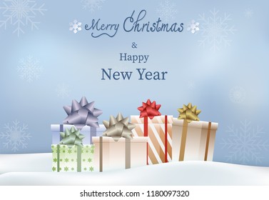 Merry Christmas, Happy New Year text  with gift boxes illustration background