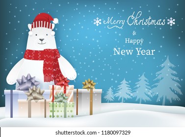 Merry Christmas, Happy New Year text with polar bear and gift boxes illustration background, paper art, paper craft style