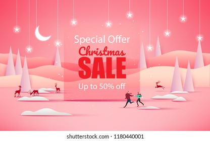 Merry Christmas and Happy New Year. Christmas sale. Holiday background. paper craft style.