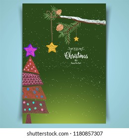 Merry Christmas and happy New Year background. Cartoon Card with Christmas modern trees  green background