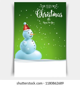 Merry Christmas and happy New Year cartoon card with Christmas snowman, happy holidays, vector illustration