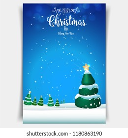 Merry Christmas and happy New Year cartoon card with Christmas modern trees  in winter forest, happy holidays, vector illustration