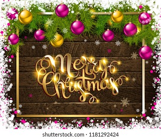 Merry Christmas and Happy New Year greeting card. On wooden background. Vector illustration