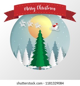 Merry Christmas and Happy New Year background. Santa Claus, Snowman and Christmas tree ,paper art and digital craft style. Vector illustration.