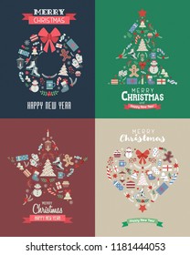 Merry Christmas and Happy New Year vintage greeting cards collection. Winter holiday Xmas postcard or prints with christmas icons and elements stylized in heart, star, wreath and Christmas tree.