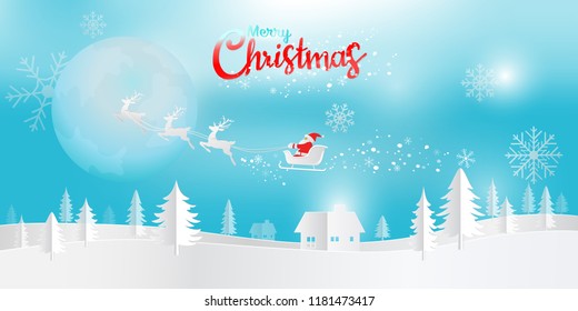 Merry Christmas and Happy New Year, Paper art vector illustration of Christmas night with Santa claus and reindeer coming to town in the night sky.