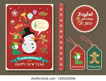 Merry Christmas and Happy new year vector greeting card with snowman character and badge ,Tag and Tape collection set.