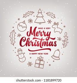 Merry Christmas and Happy New Year lettering template. Lettering greeting card or invitation. Winter holidays related typographic quote. Vector vintage illustration.