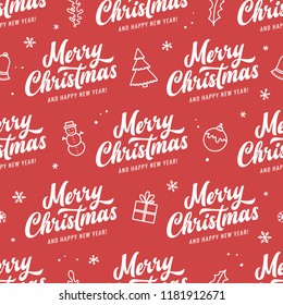 Merry Christmas and Happy New Year seamless pattern. Season greetings typography with hand drawn design elements for wrapping paper prints decoration needs. Vector vintage illustration.