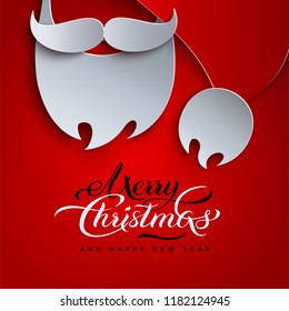 Merry christmas and happy new year holiday design for banner, greeting card. Red background, 3d paper cut hat, beard of Santa Claus. Text merry christmas. Paper cut out art style, vector illustration