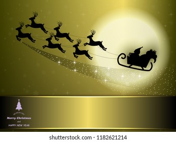 Merry Christmas and happy new year, Santa sleigh Reindeers on the moon in golden background with copy space for text,vector illustration eps10.