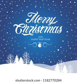 Merry Christmas and Happy New Year  typography vector design for greeting cards and poster. Merry Christmas hand lettering. Christmas  with winter landscape with snowflakes,light. Vector illustration.