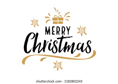 Merry Christmas, happy New Year letter text card text. Typography inscription decoration poster winter holiday design. Gold gift, snowflakes, snow. Vector illustration.