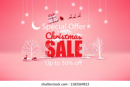 Merry Christmas and Happy New Year. Christmas sale. Holiday background. paper craft style.